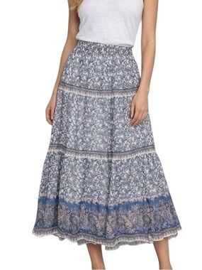 Joie Blue and White Silk Tiered Flowy Lined Maxi Skirt Elastic waist Size Large